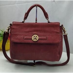Tory Burch Maroon Red Leather Turnlock Flap Closure Satchel Crossbody Bag